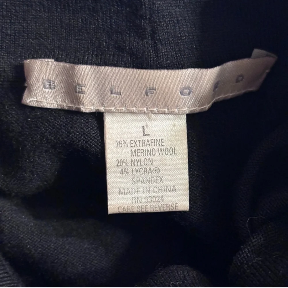 BELFORD Black Merino Wool Turtleneck Sweater Black Leather French Cuffs VINTAGE